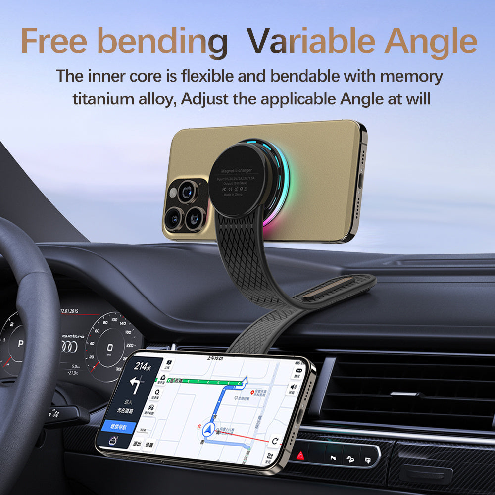 HS-X12 For iPhone 12-15 Series Bendable Car Dashboard Magnetic Phone Wireless Charger with RGB Light