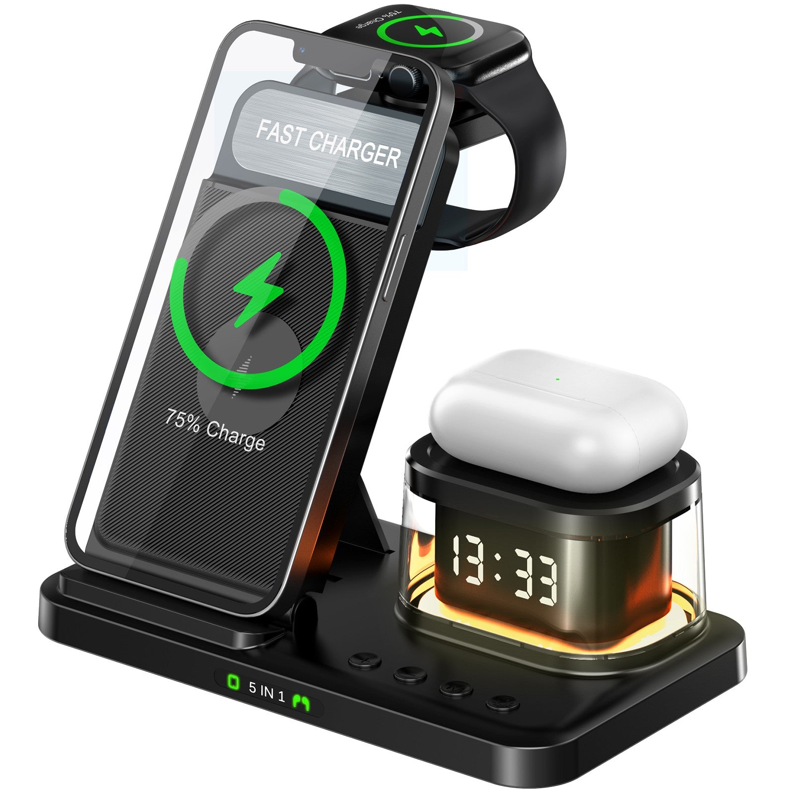 HYY-H33 5-in-1 15W Wireless Charger Folding Charging Station with Night Light