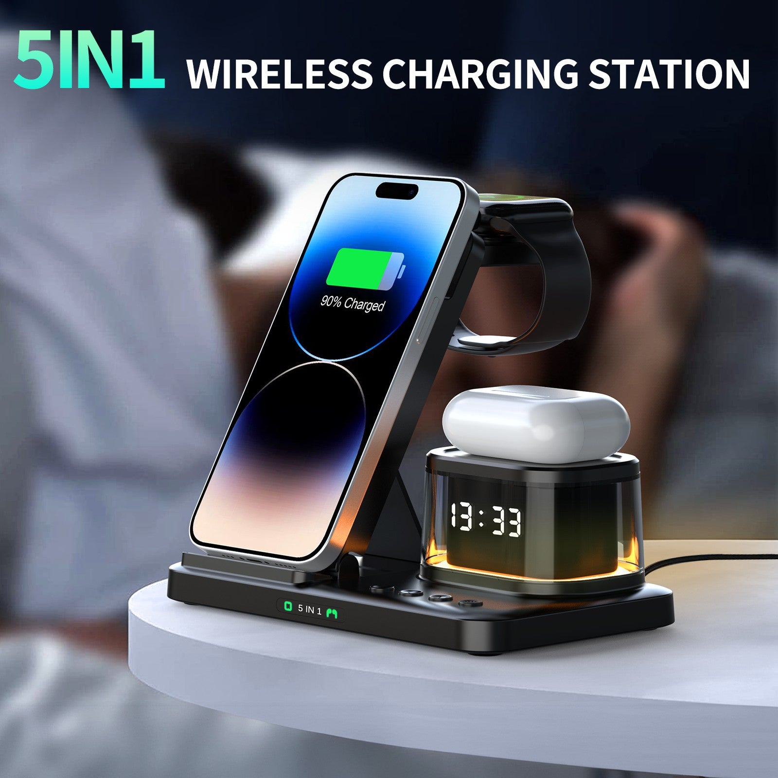 HYY-H33 5-in-1 15W Wireless Charger Folding Charging Station with Night Light