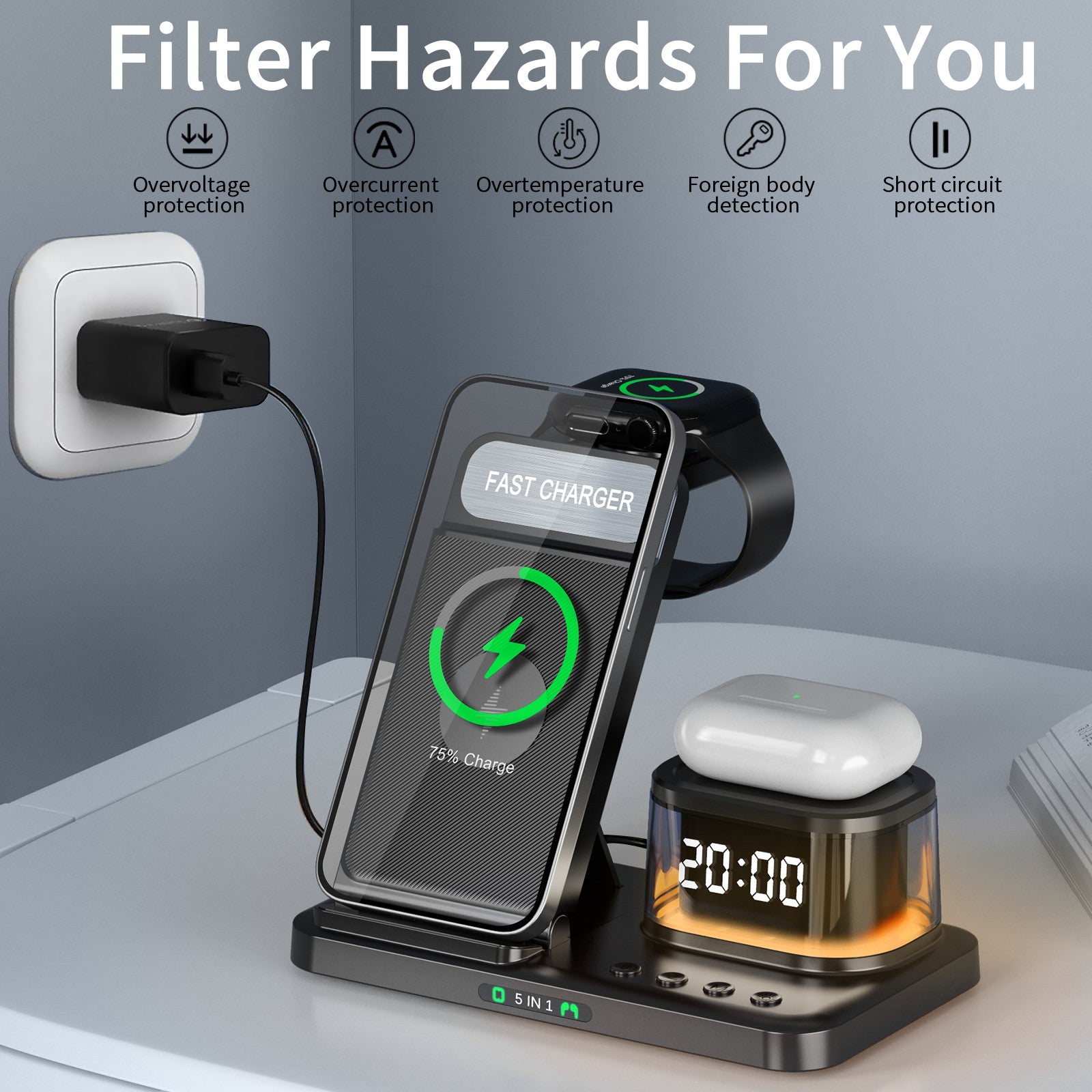 HYY-H33 5-in-1 15W Wireless Charger Folding Charging Station with Night Light