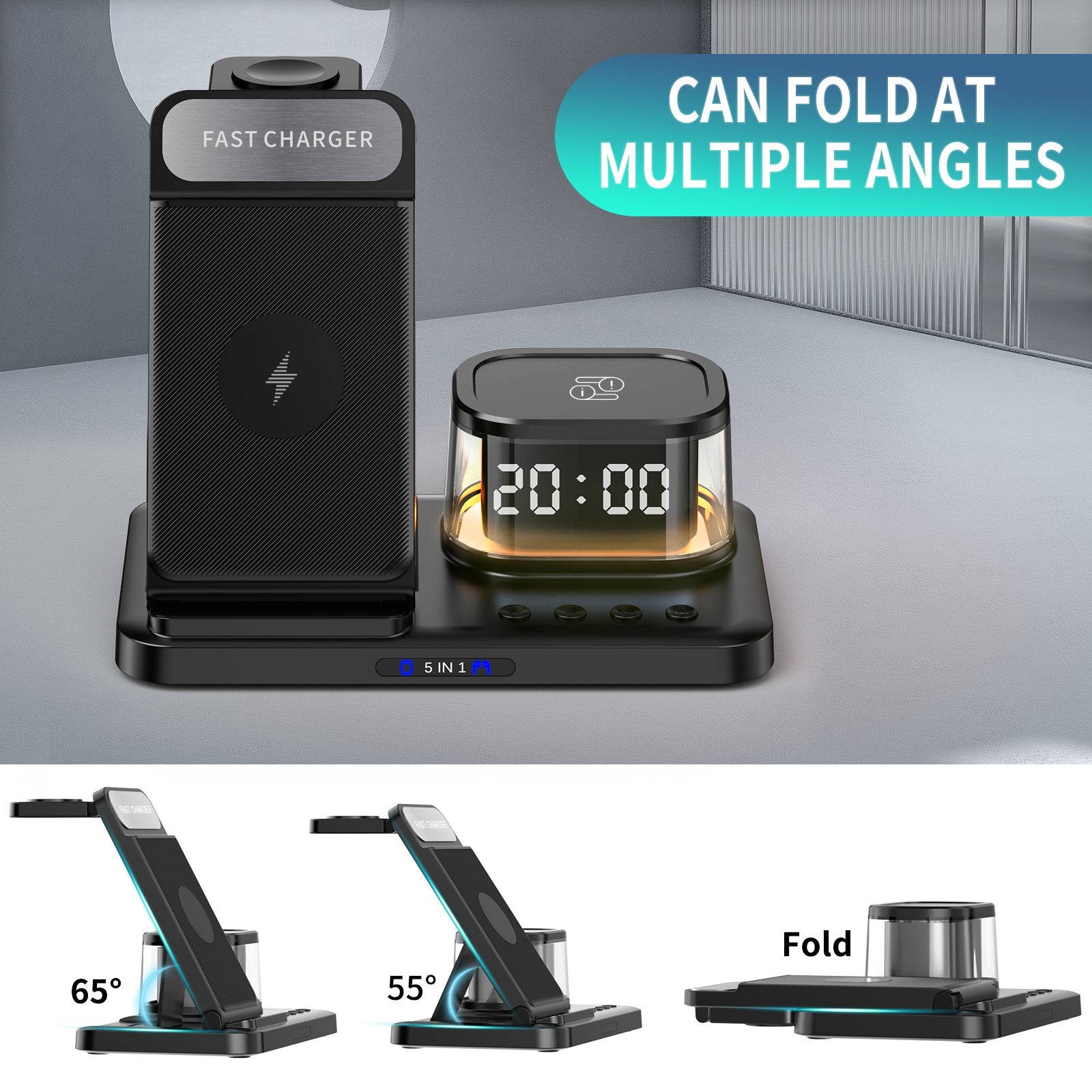 HYY-H33 5-in-1 15W Wireless Charger Folding Charging Station with Night Light