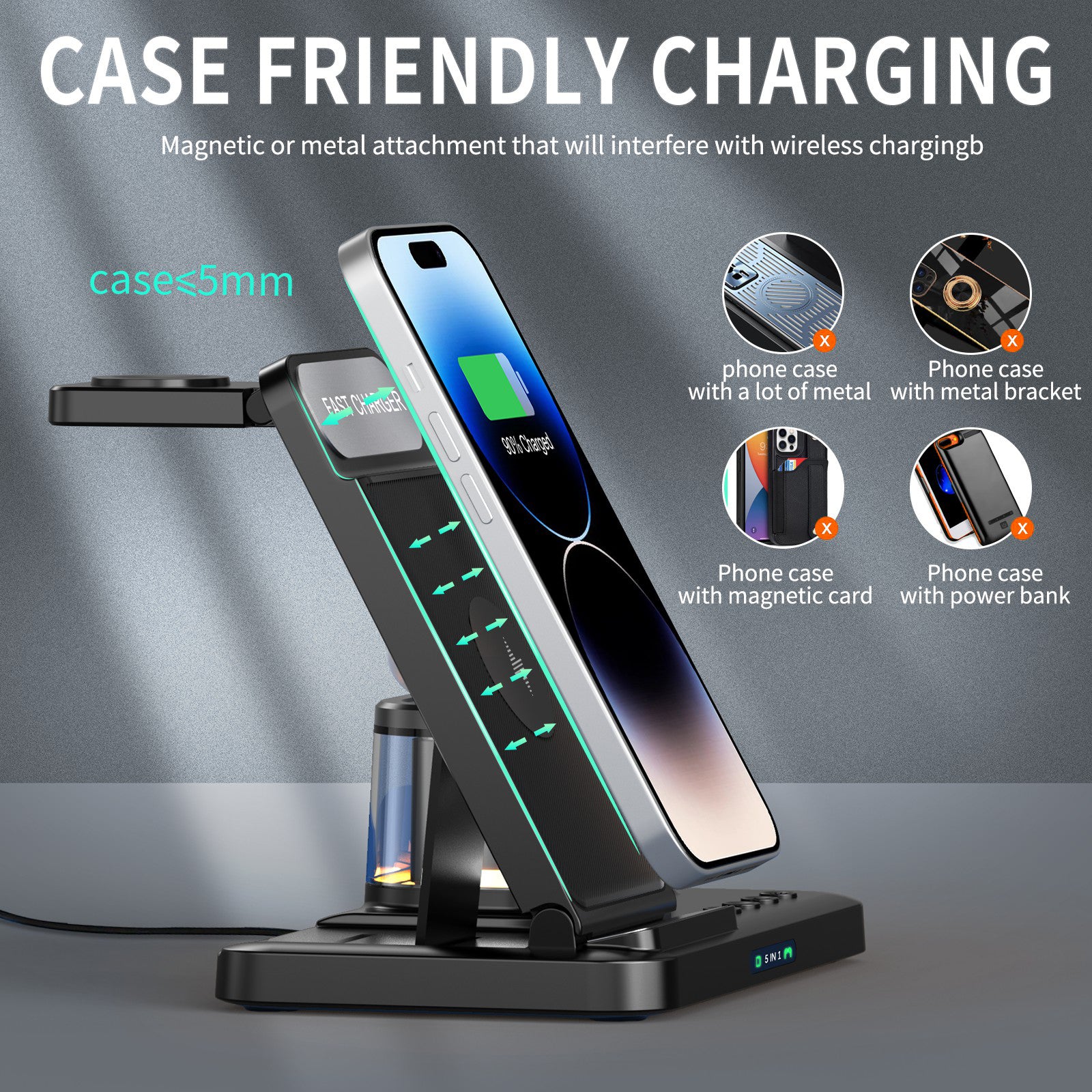HYY-H33 5-in-1 15W Wireless Charger Folding Charging Station with Night Light