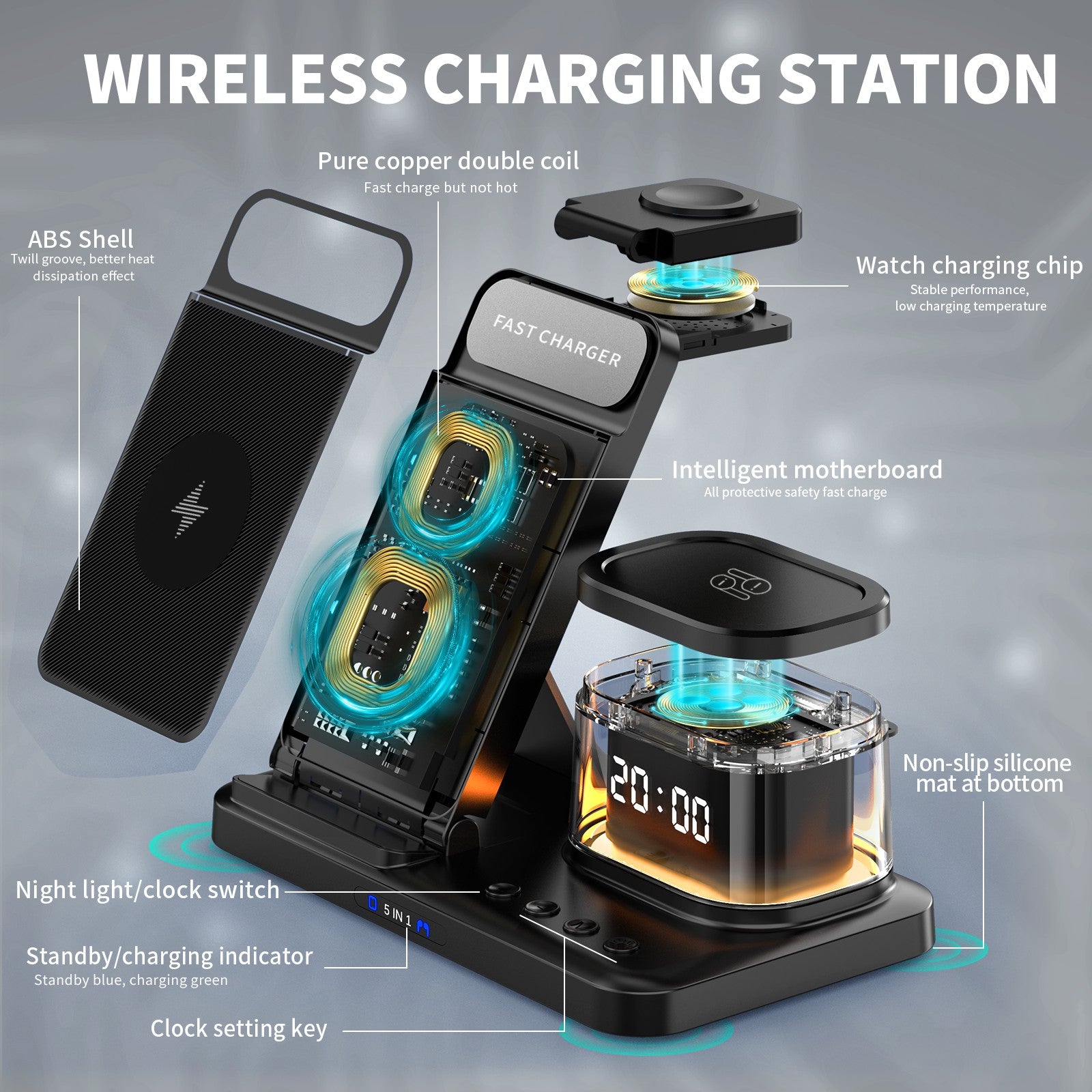 HYY-H33 5-in-1 15W Wireless Charger Folding Charging Station with Night Light