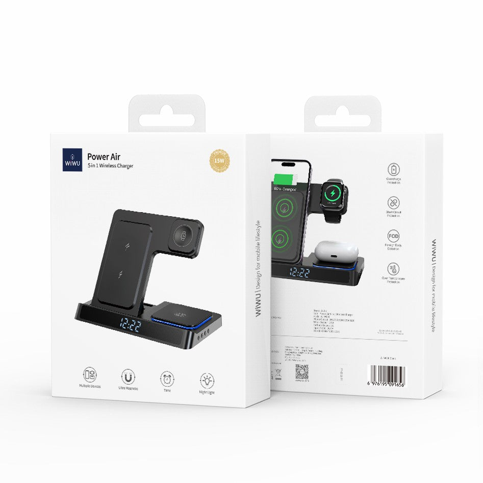 WIWU Wi-W006 Foldable Wireless Charger Phone Watch Earphone Charging Stand with Night Light and Digital Clock