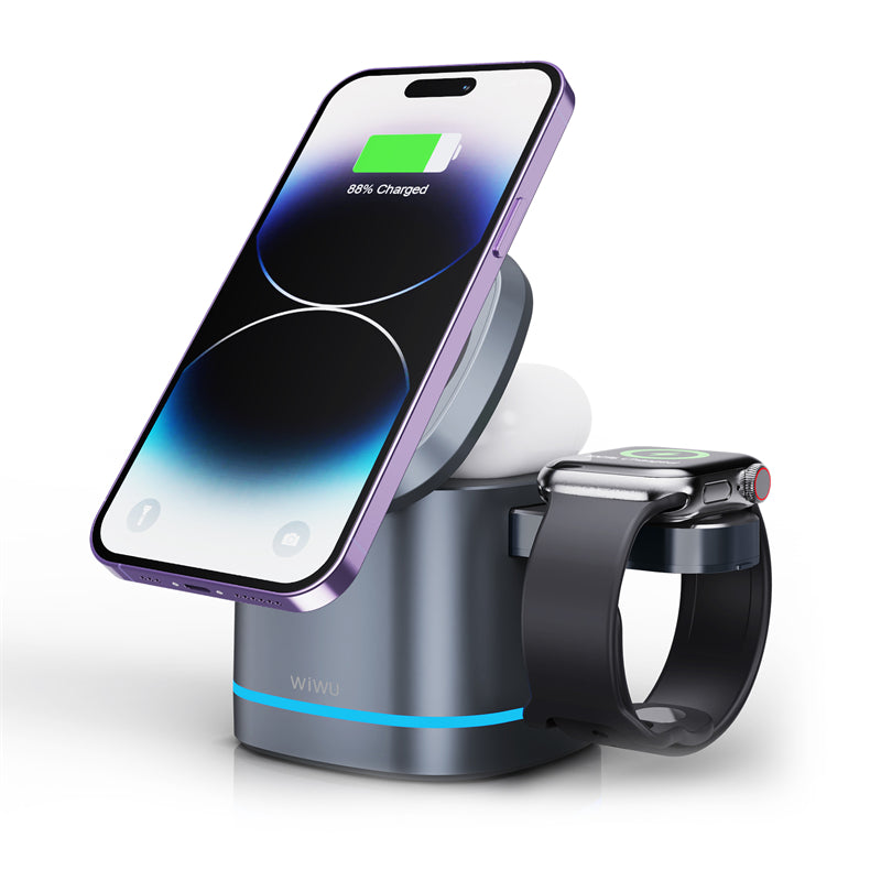 WIWU Wi-W024 For iPhone 12-15 Series Magnetic Wireless Charger Phone Watch Earphone Charging Stand