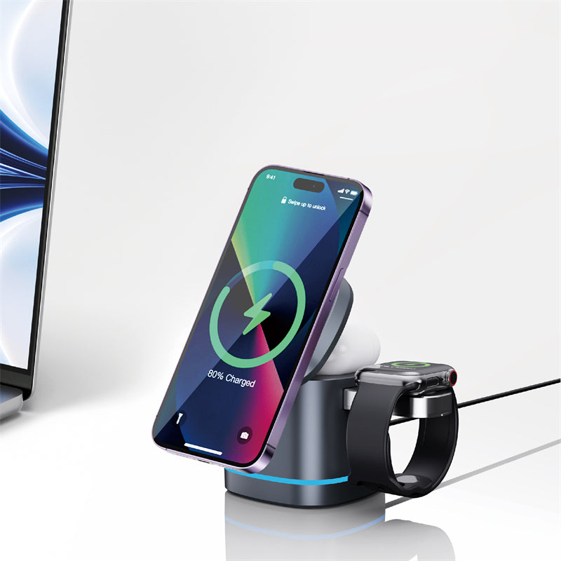 WIWU Wi-W024 For iPhone 12-15 Series Magnetic Wireless Charger Phone Watch Earphone Charging Stand