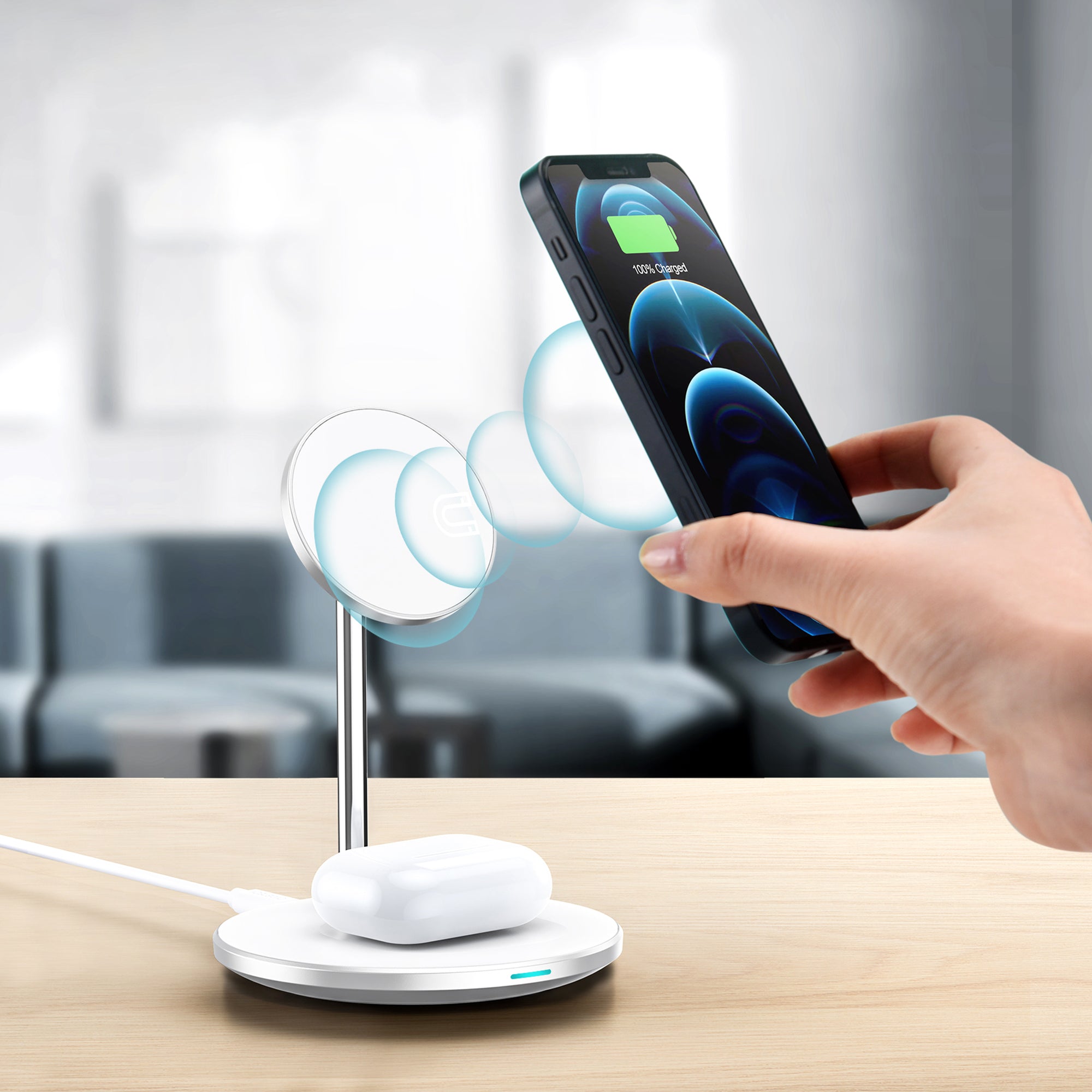 WIWU Wi-W019 Magnetic Wireless Charger for iPhone 12-15 Series 2-in-1 Phone Earphone Charging Stand