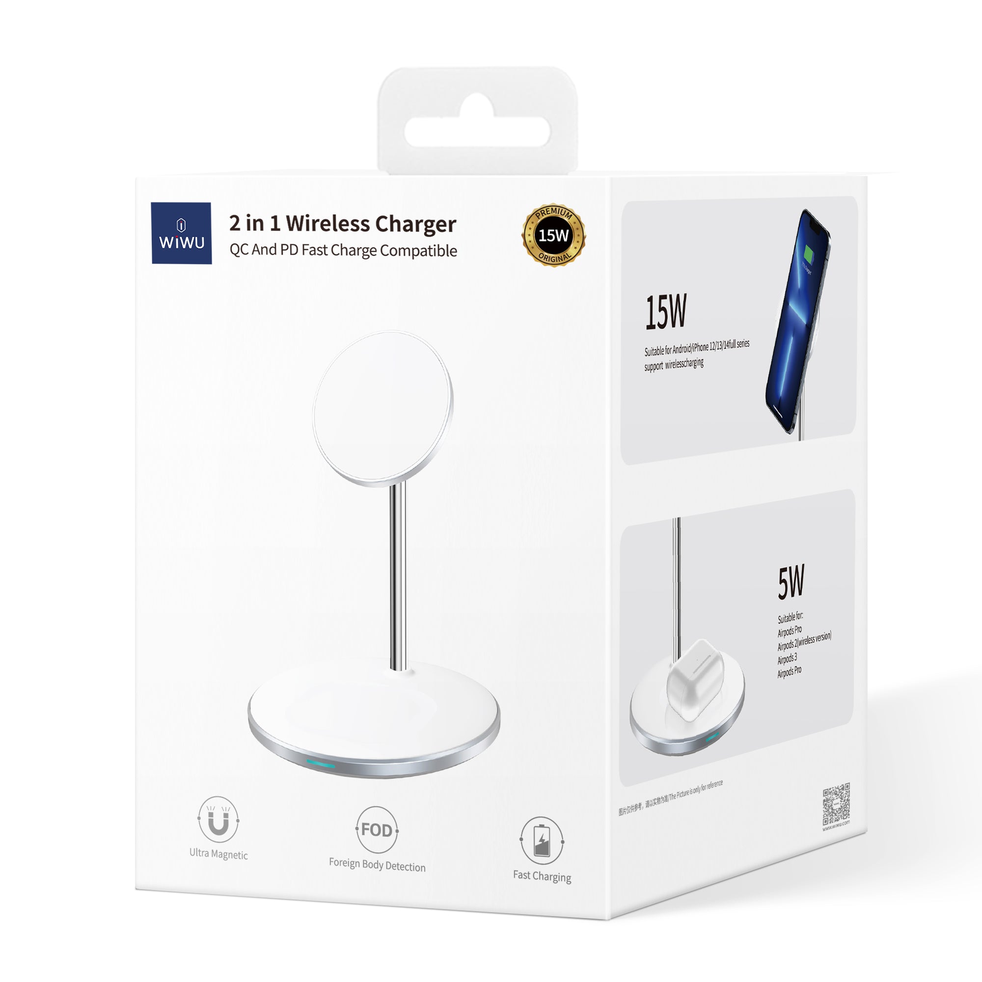 WIWU Wi-W019 Magnetic Wireless Charger for iPhone 12-15 Series 2-in-1 Phone Earphone Charging Stand