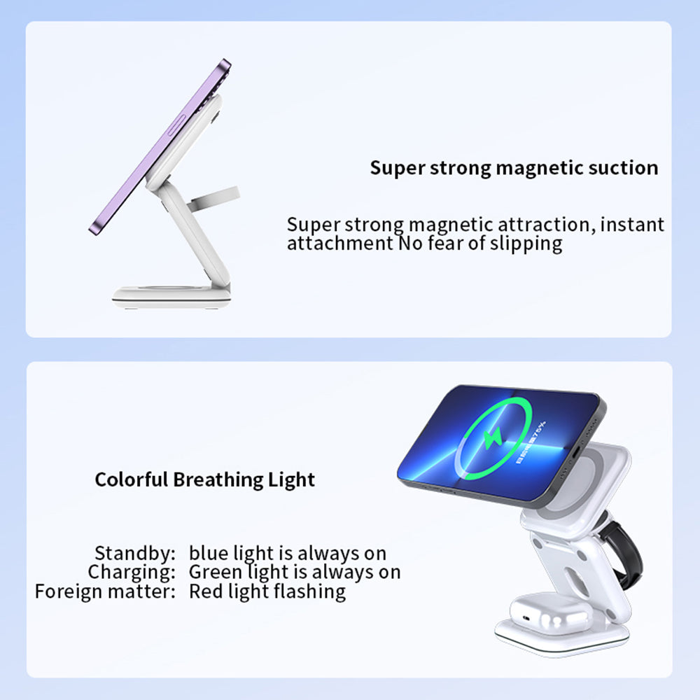W02 3 in 1 Foldable Magnetic Wireless Charger Dock Travel Wireless Charging Station Pad