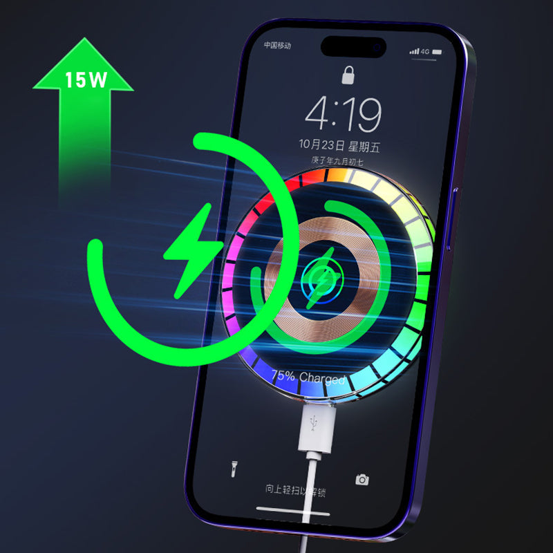 W03 15W Car Magnetic Wireless Charger with Sound Pickup Ambient Light