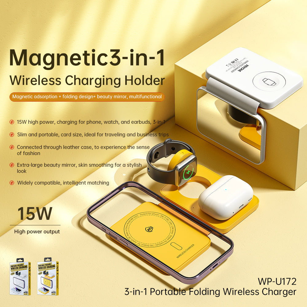 WEKOME WP-U172 Magnetic 3-in-1 15W Wireless Charging Holder Phone Earphone Watch Charger with Mirror