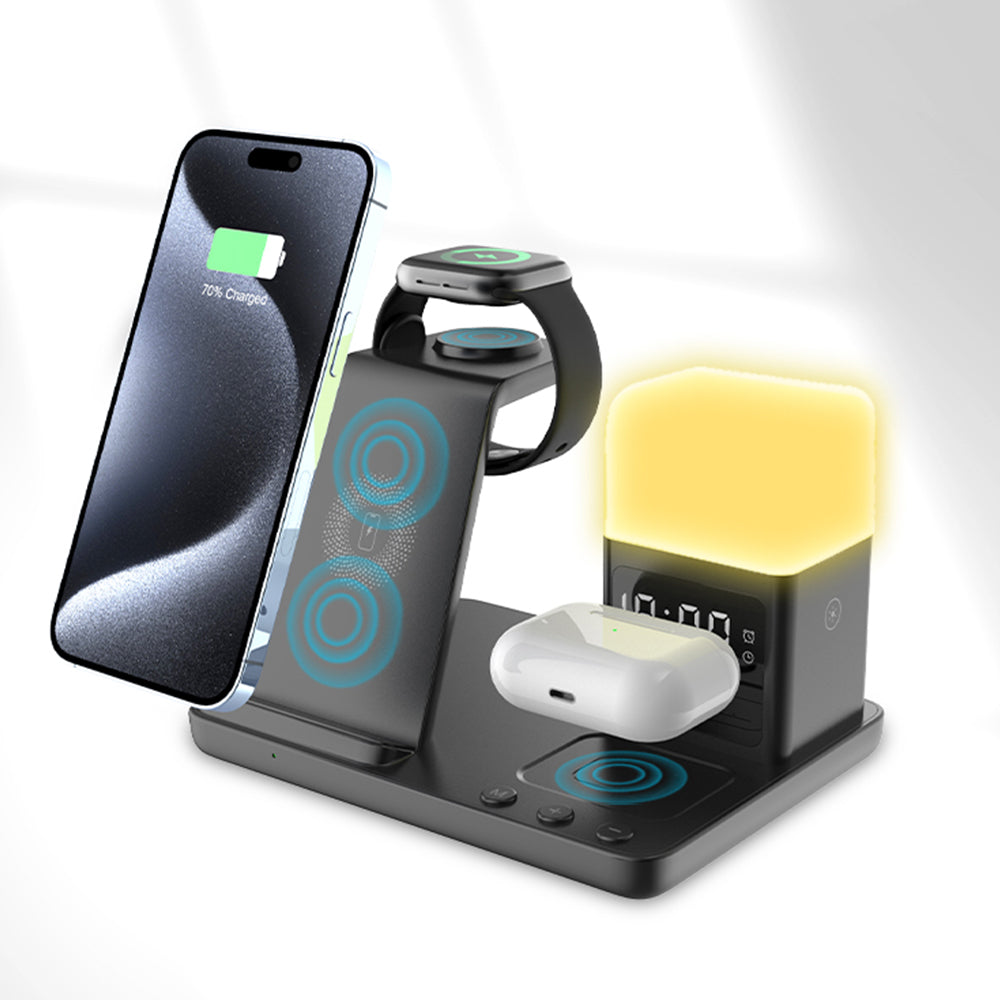 Z18 6-in-1 Wireless Charger Phone Watch Earphone Charging Stand Night Light Alarm Clock