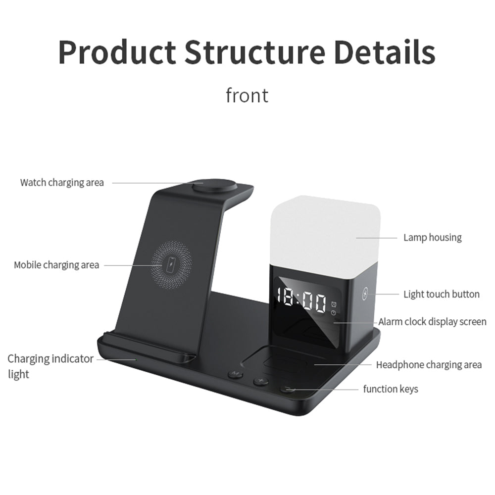 Z18 6-in-1 Wireless Charger Phone Watch Earphone Charging Stand Night Light Alarm Clock