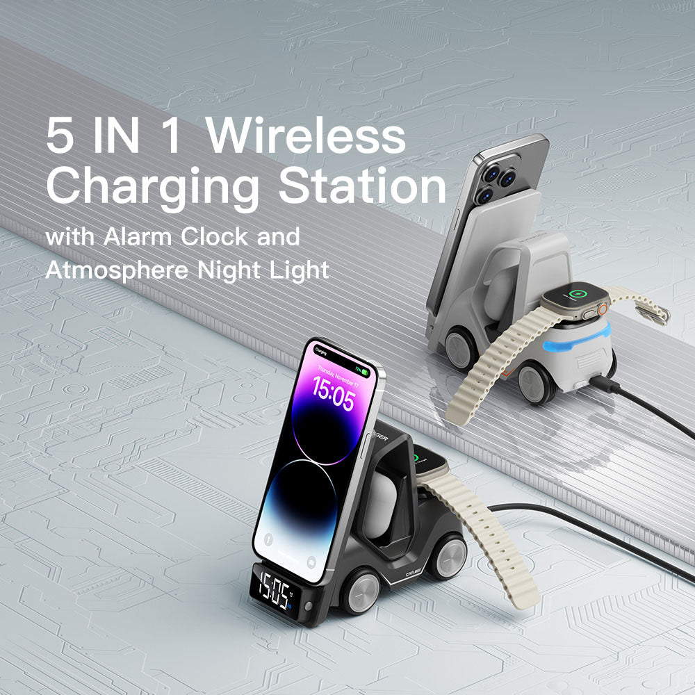 ESSAGER 15W Wireless Charger Desktop Forklift Shape Decoration Alarm Clock