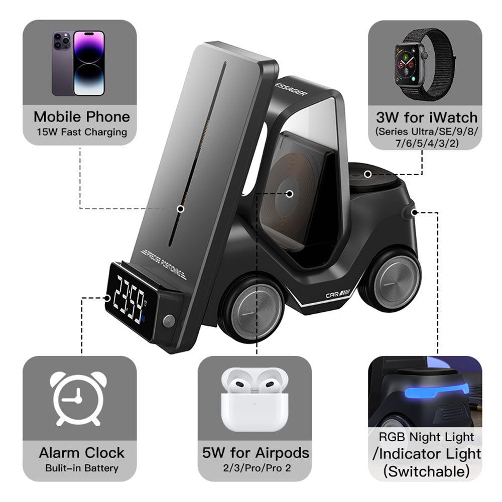 ESSAGER 15W Wireless Charger Desktop Forklift Shape Decoration Alarm Clock