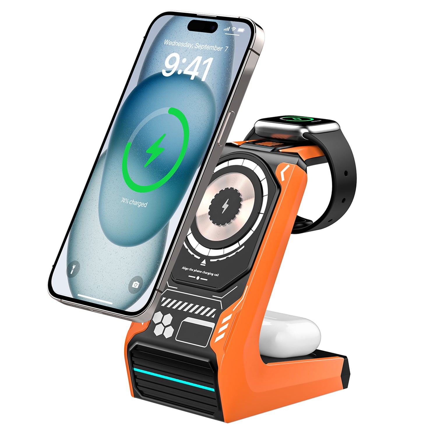 T21 3-in-1 Wireless Charging Station Mecha Charger Dock for Mobile Phone / Watch / Earbuds