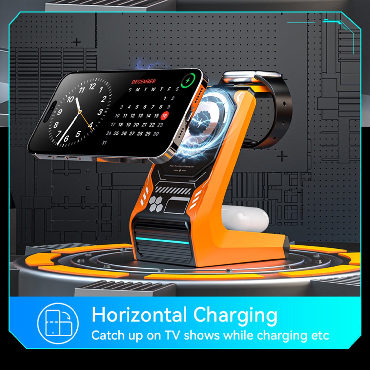 T21 3-in-1 Wireless Charging Station Mecha Charger Dock for Mobile Phone / Watch / Earbuds