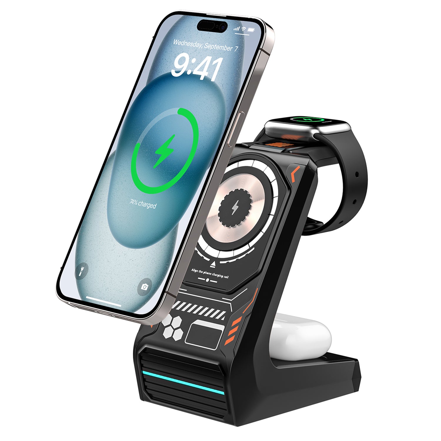 T21 3-in-1 Wireless Charging Station Mecha Charger Dock for Mobile Phone / Watch / Earbuds