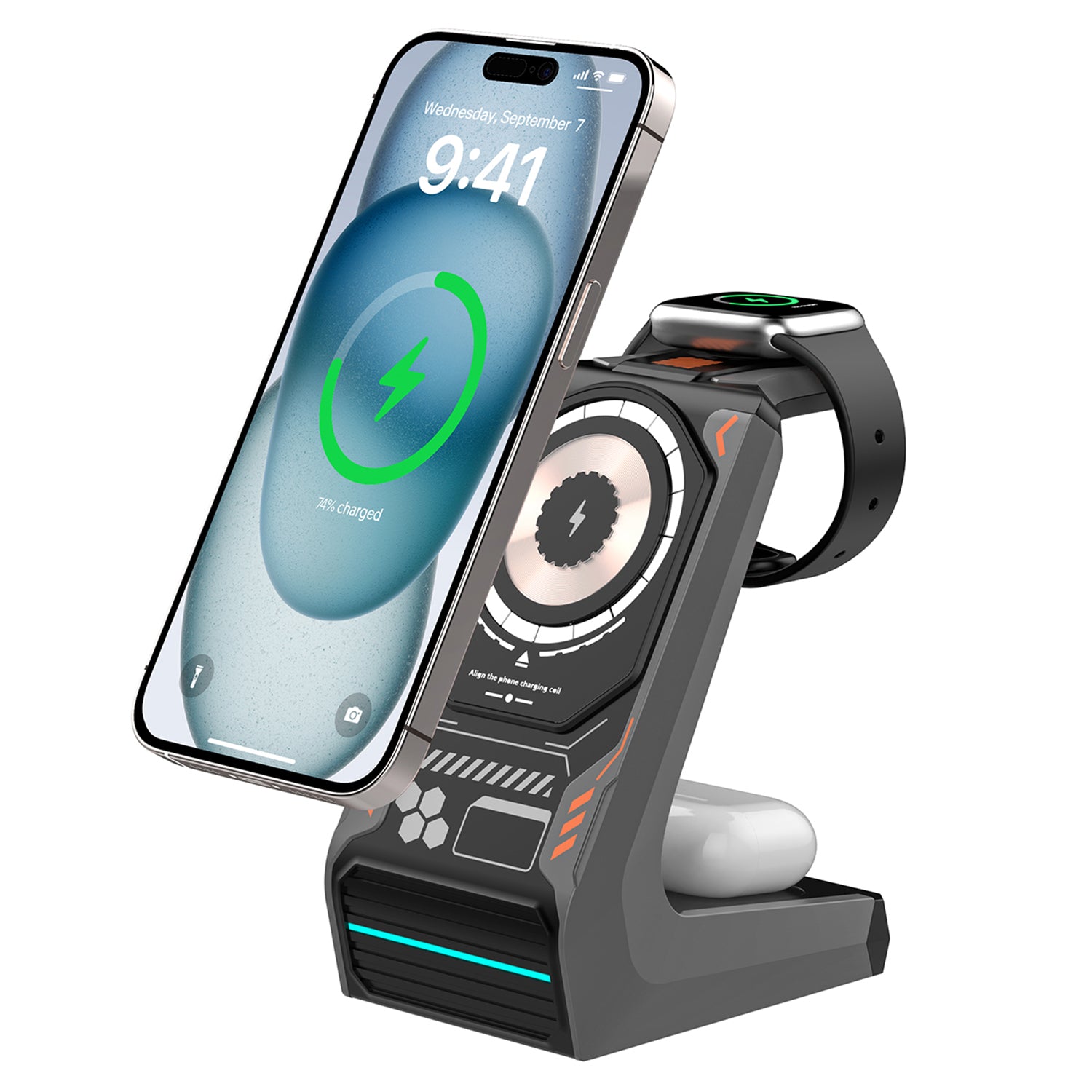 T21 3-in-1 Wireless Charging Station Mecha Charger Dock for Mobile Phone / Watch / Earbuds