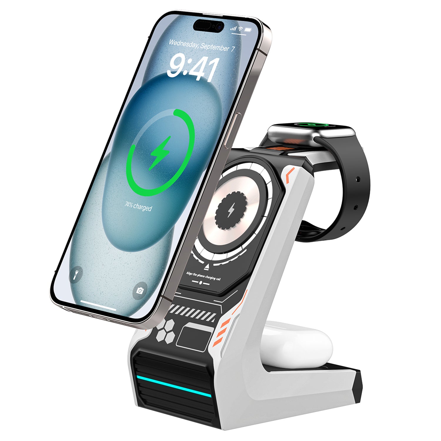 T21 3-in-1 Wireless Charging Station Mecha Charger Dock for Mobile Phone / Watch / Earbuds