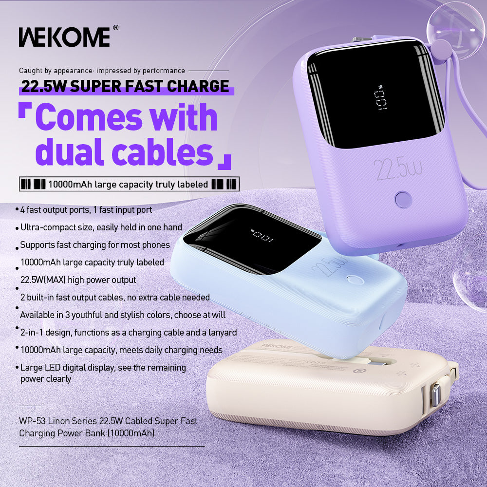 WEKOME WP-53 Linon Series 22.5W Cabled Super Fast Charging Power Bank 10000mAh Portable Phone Charger