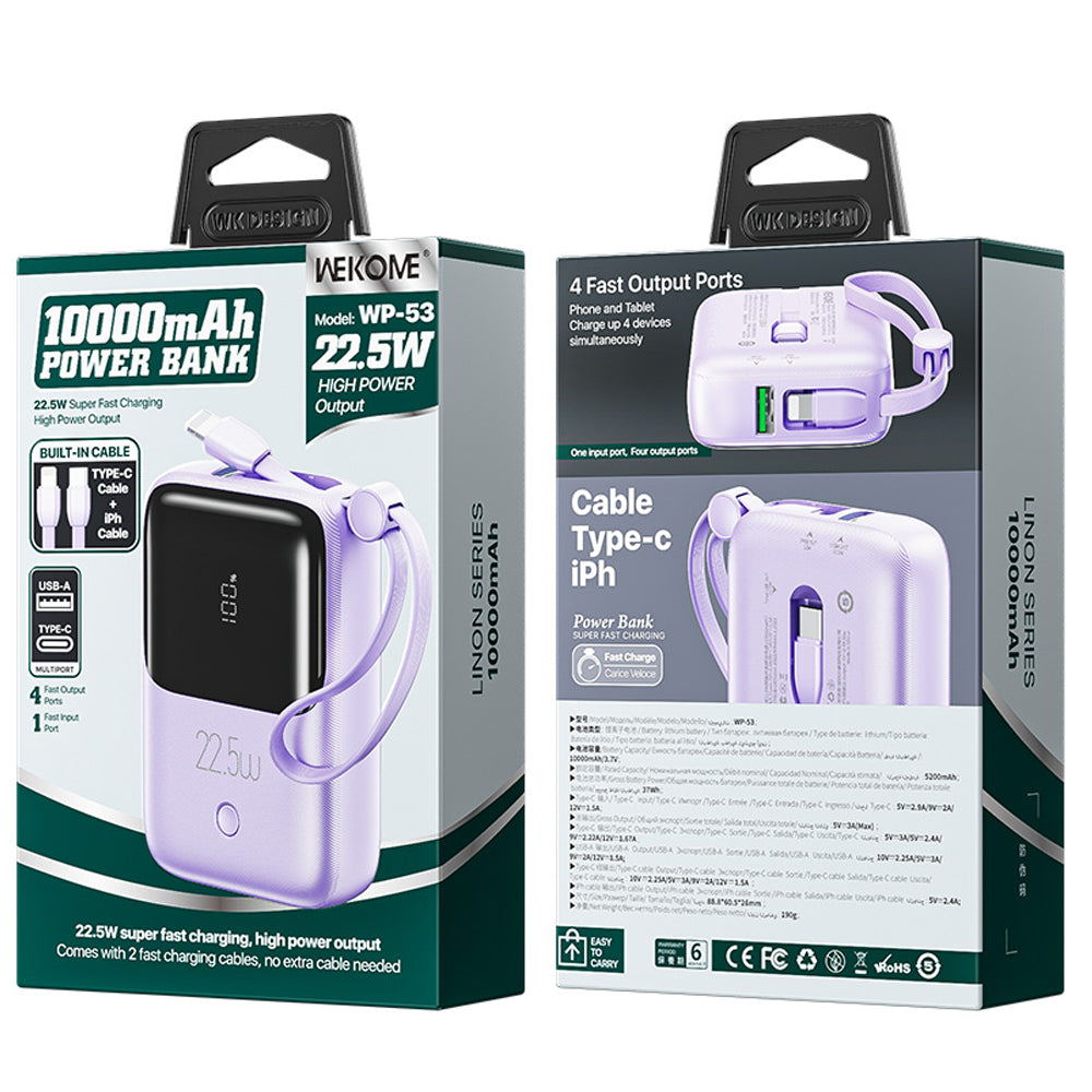 WEKOME WP-53 Linon Series 22.5W Cabled Super Fast Charging Power Bank 10000mAh Portable Phone Charger