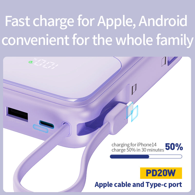JOWAY JP313 20000mAh Digital Display Power Bank Built-in Type-C / 8Pin Cable Phone External Battery