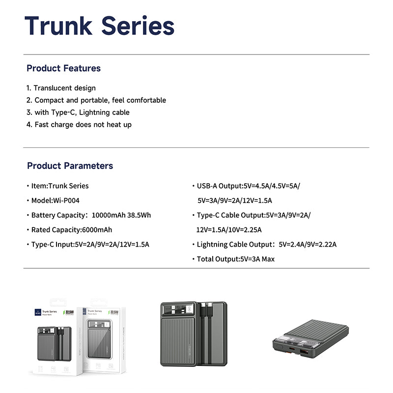 WIWU Wi-P004 Trunk Series 10000mAh Power Bank Portable Wireless Phone Fast Charger with Cable
