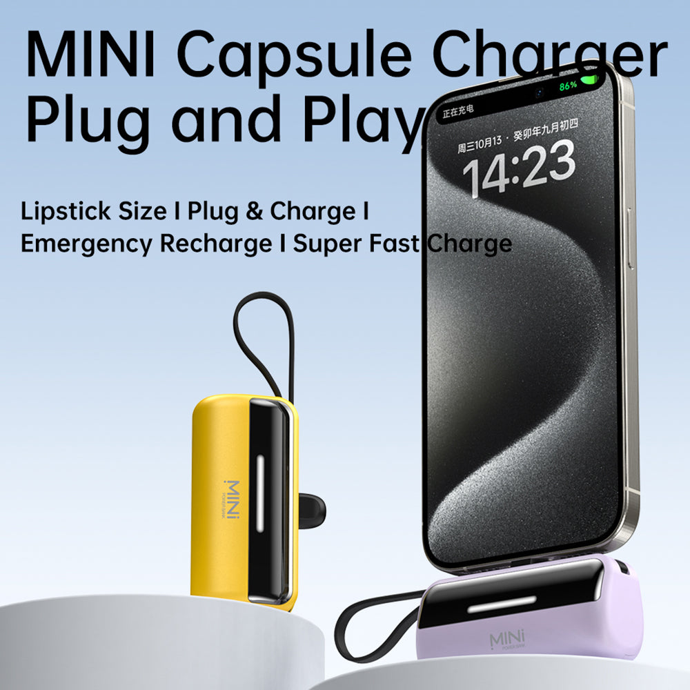 CYKE X3 5000mAh Capsule Shape Power Bank 8Pin Plug Phone External Battery with Built-in Type-C / USB Cable