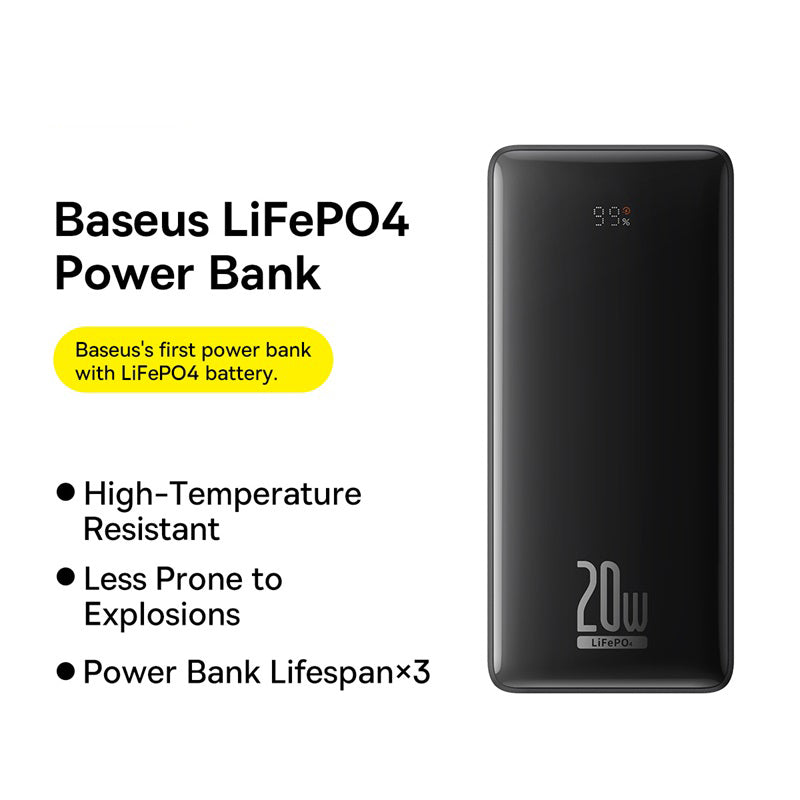 BASEUS LiFePO4 18400mAh 20W Digital Display Power Bank Battery Pack with 0.3m USB to Type-C Cable
