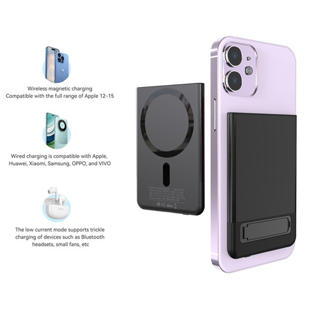 M10 Ultra Thin Metal Shell Magnetic 15W Wireless Charging 5000mAh Power Bank with Kickstand