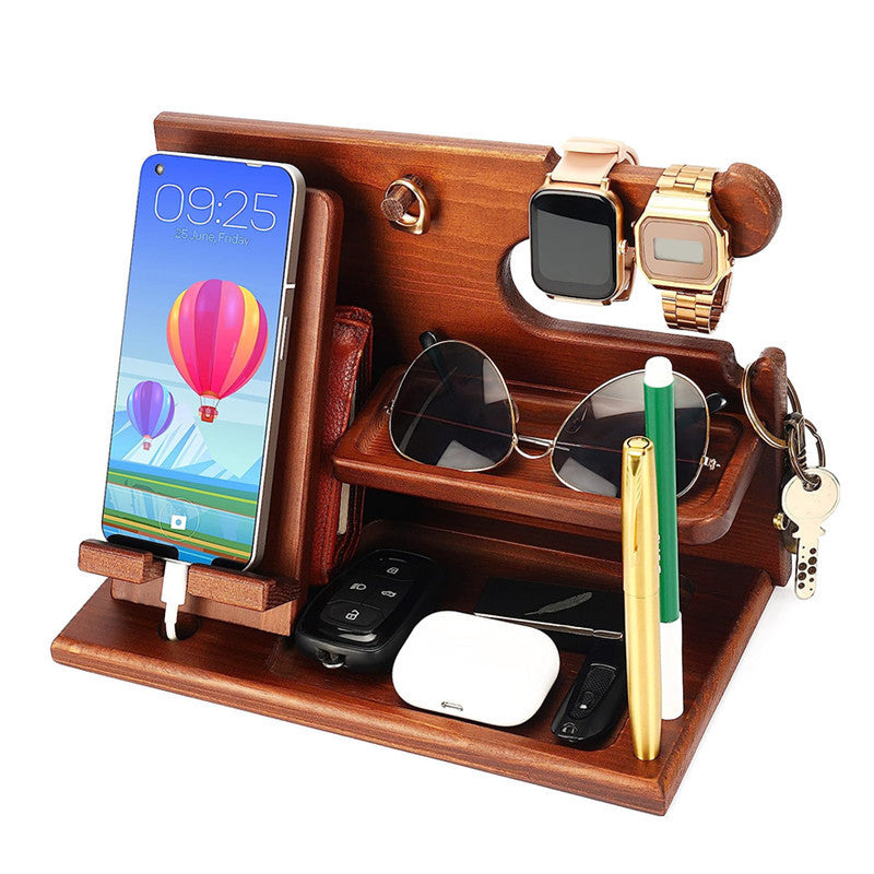 00659 Solid Wooden Phone Stand Multi-Functional Bedside Organizer for iPhone 16 / 16 Ultra / 16 Pro / 16 Pro Max