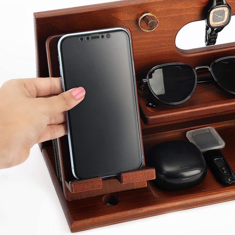 00659 Solid Wooden Phone Stand Multi-Functional Bedside Organizer for iPhone 16 / 16 Ultra / 16 Pro / 16 Pro Max