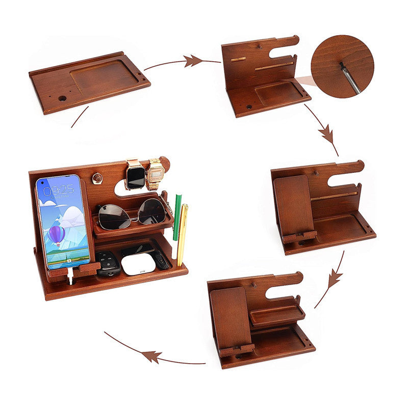 00659 Solid Wooden Phone Stand Multi-Functional Bedside Organizer for iPhone 16 / 16 Ultra / 16 Pro / 16 Pro Max