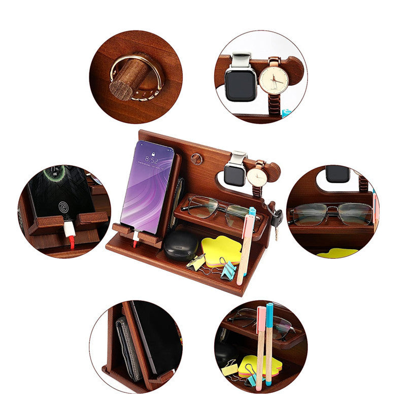 00659 Solid Wooden Phone Stand Multi-Functional Bedside Organizer for iPhone 16 / 16 Ultra / 16 Pro / 16 Pro Max