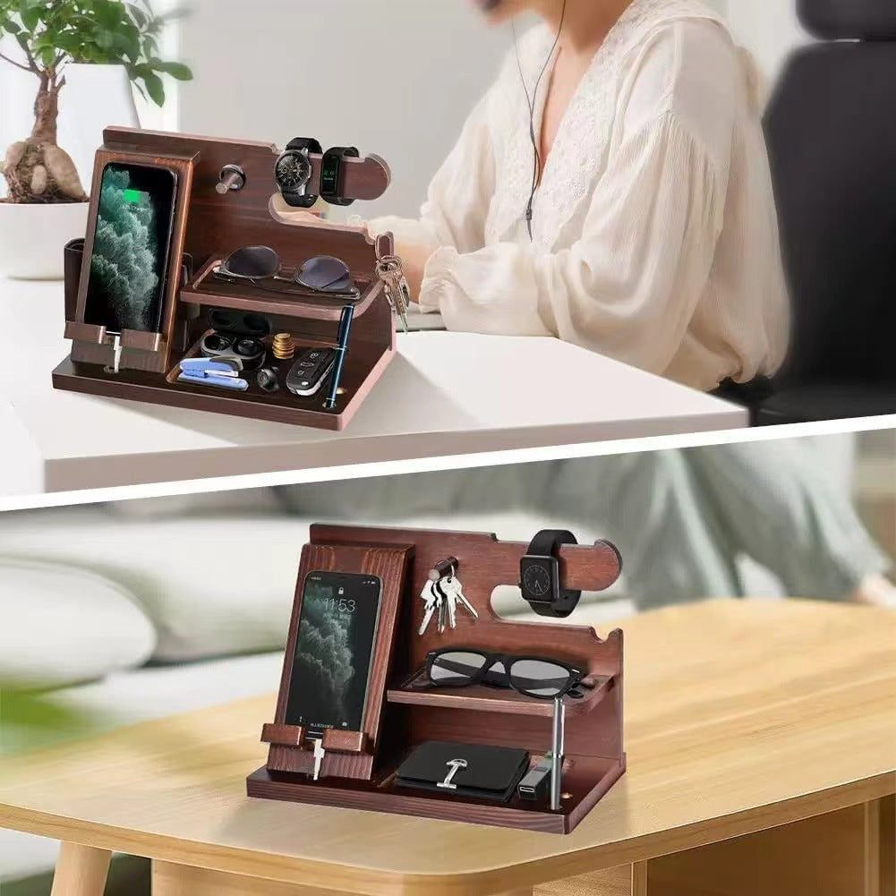 00659 Solid Wooden Phone Stand Multi-Functional Bedside Organizer for iPhone 16 / 16 Ultra / 16 Pro / 16 Pro Max
