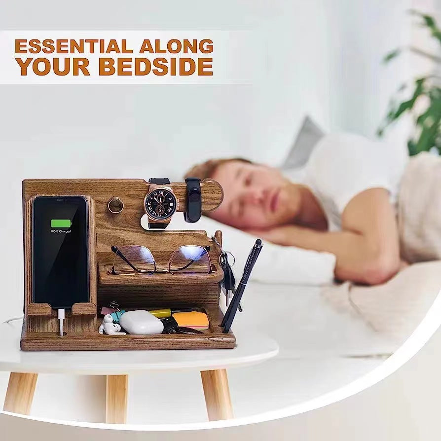 00659 Solid Wooden Phone Stand Multi-Functional Bedside Organizer for iPhone 16 / 16 Ultra / 16 Pro / 16 Pro Max