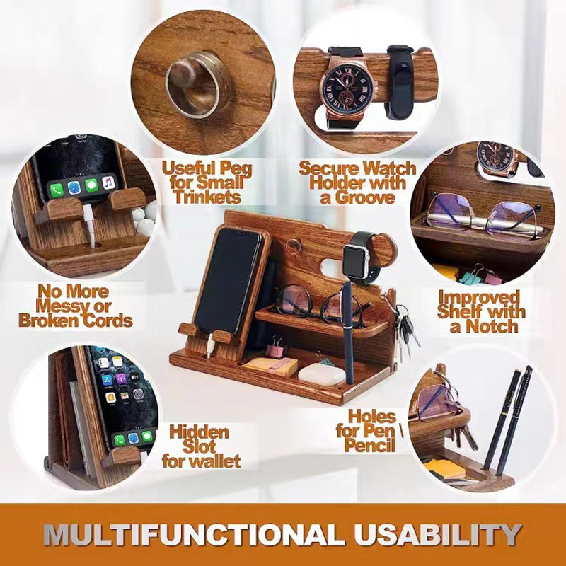 00659 Solid Wooden Phone Stand Multi-Functional Bedside Organizer for iPhone 16 / 16 Ultra / 16 Pro / 16 Pro Max
