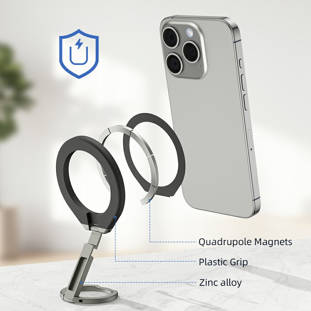 T5 Single-sided Magnetic Desktop Phone Holder Metal Free Rotation Foldable Cellphone Stand for iPhone 16 / 16 Ultra / 16 Pro / 16 Pro Max