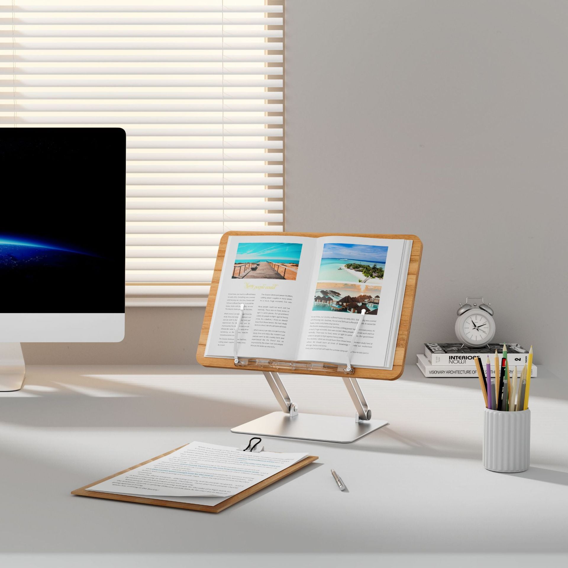 UPERGO BG-4 Aluminum Alloy +Wood Board Textbook Tablet Holder Stand Desktop Book Reading Bracket