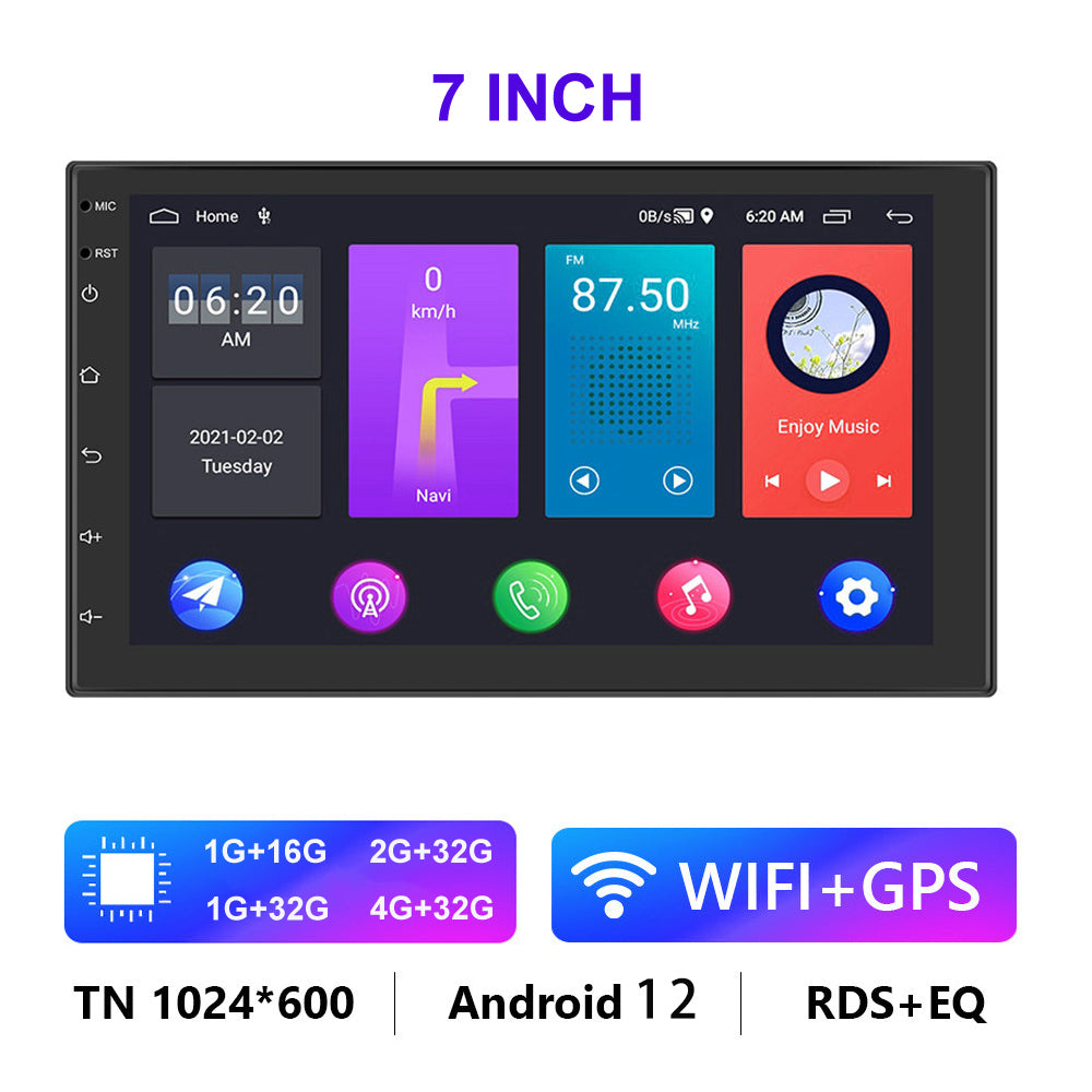 R-730F 7 inch Android 12 Car GPS Navigation 2G+16GB Carplay WIFI Car Stereo with 12LED Backup Camera