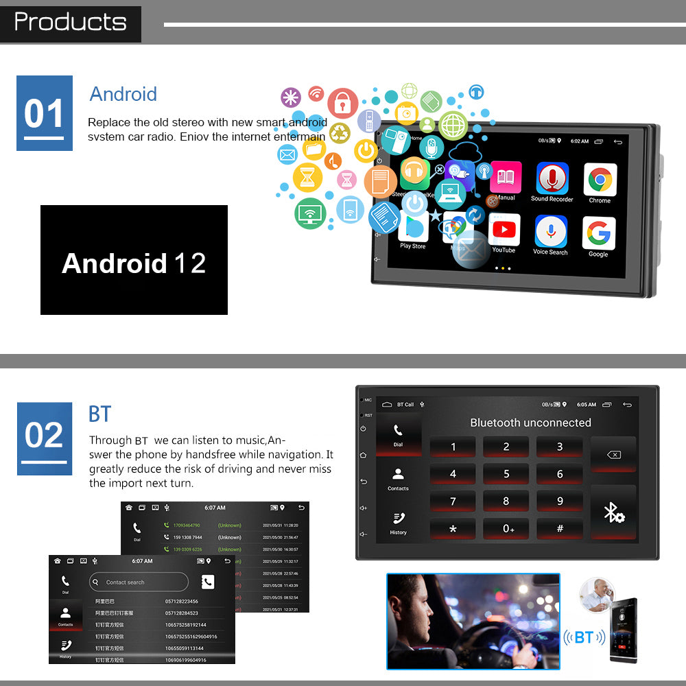 R-730F 7 inch Android 12 Car GPS Navigation 2G+16GB Carplay WIFI Car Stereo with 12LED Backup Camera