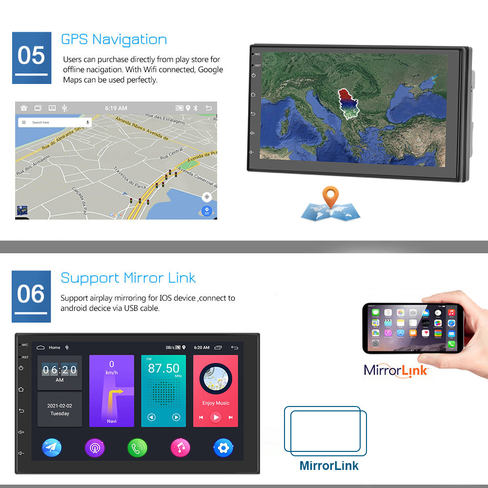 R-730F 7 inch Android 12 Car GPS Navigation 2G+16GB Carplay WIFI Car Stereo with 12LED Backup Camera