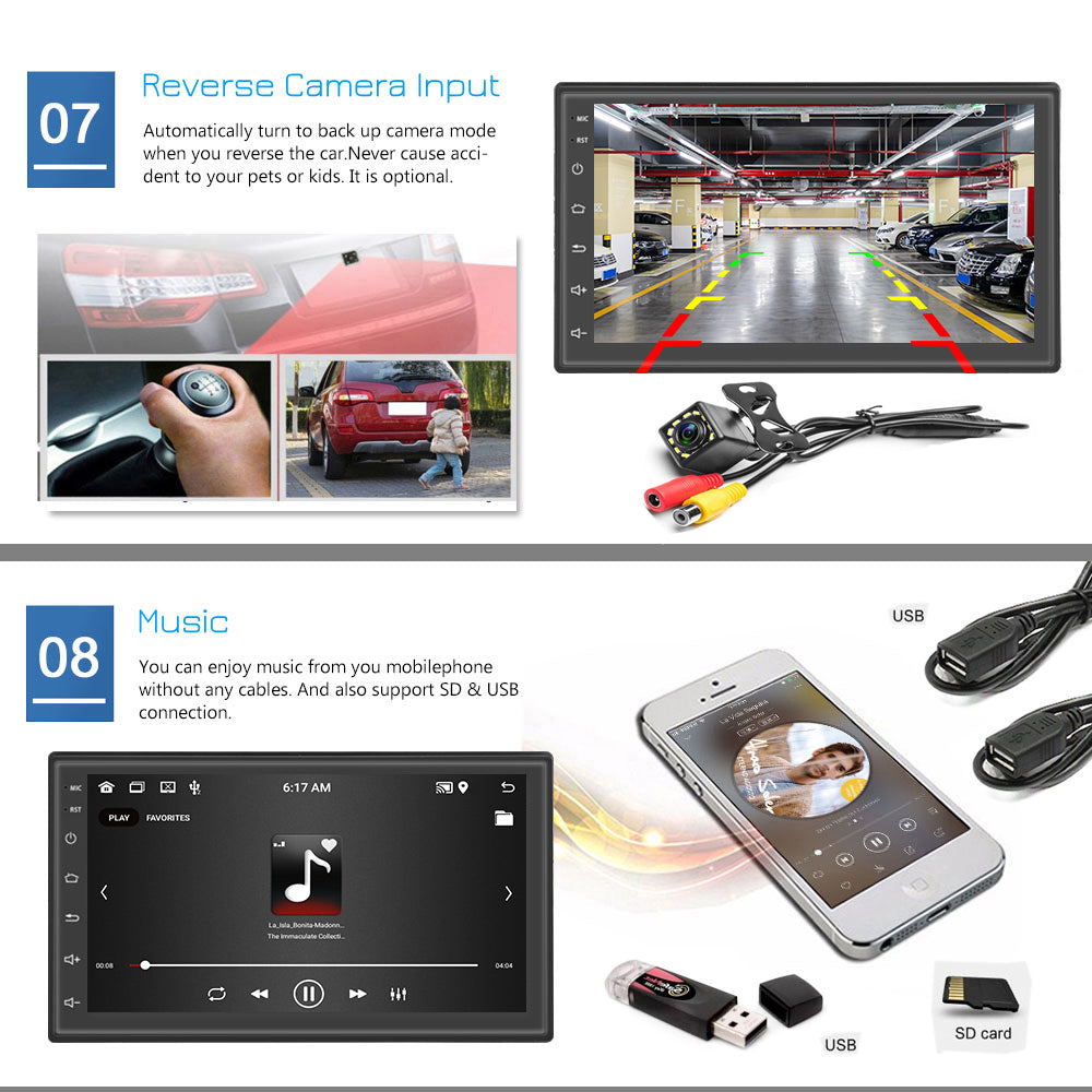 R-730F 7 inch Android 12 Car GPS Navigation 2G+16GB Carplay WIFI Car Stereo with 12LED Backup Camera
