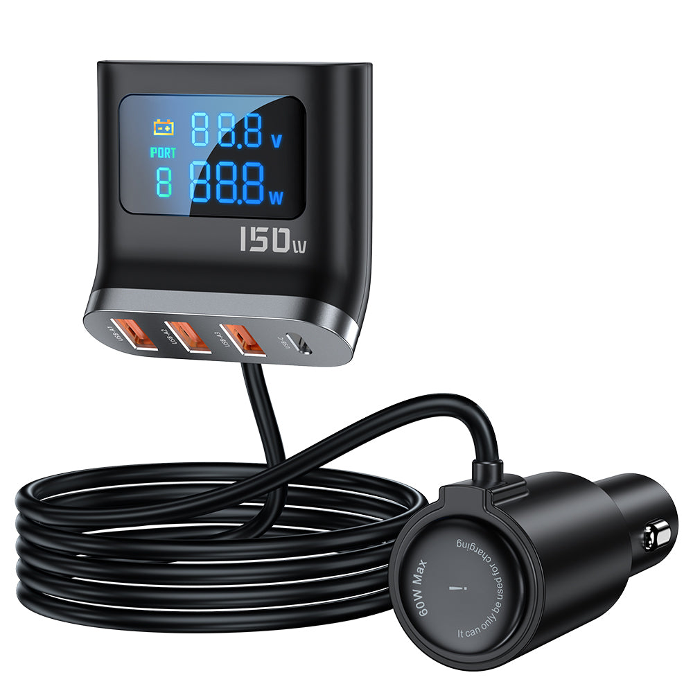 TOOCKI TQ-CC32 150W Car Charger Adapter Multi-Port Phone Hub with LCD Digital Display