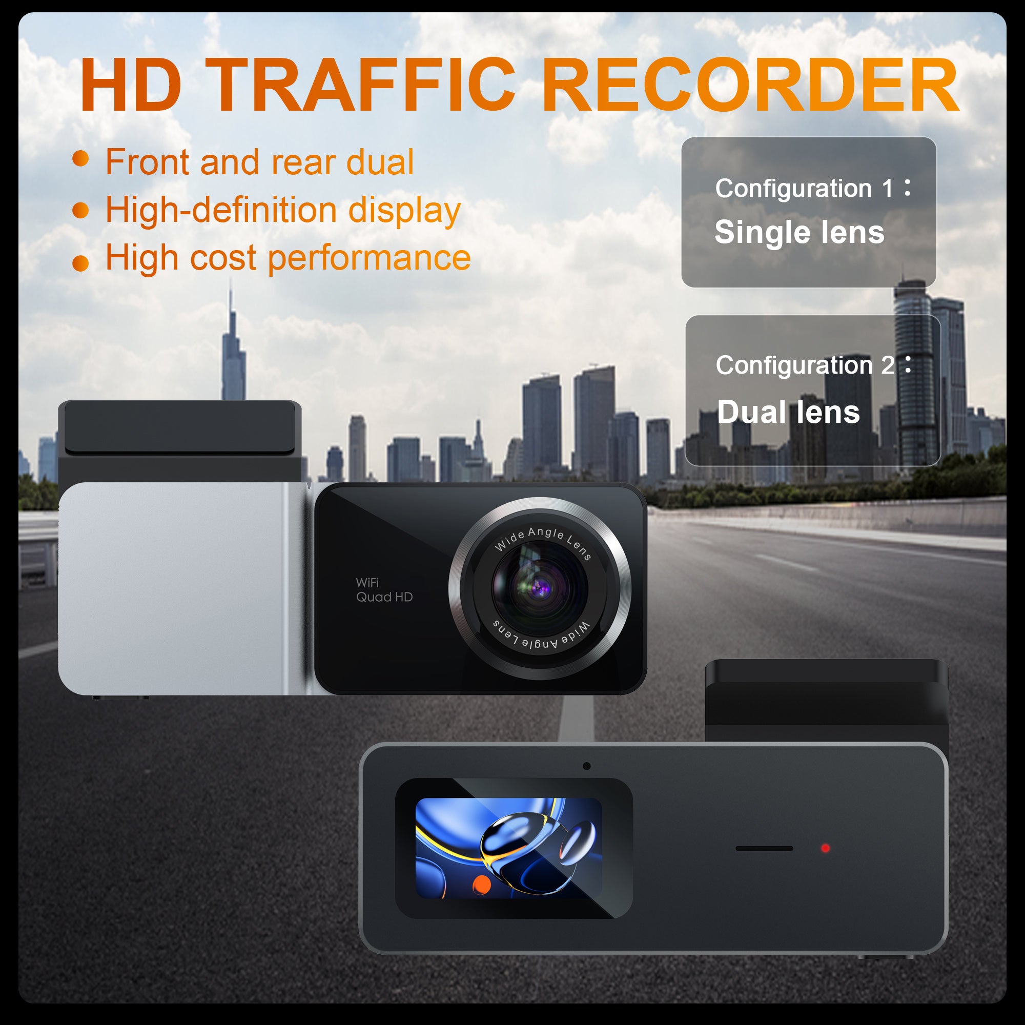 U06 Dual Lens Car Dashcam 2K Dash Cam Video Recorder with 1.47-Inch Screen