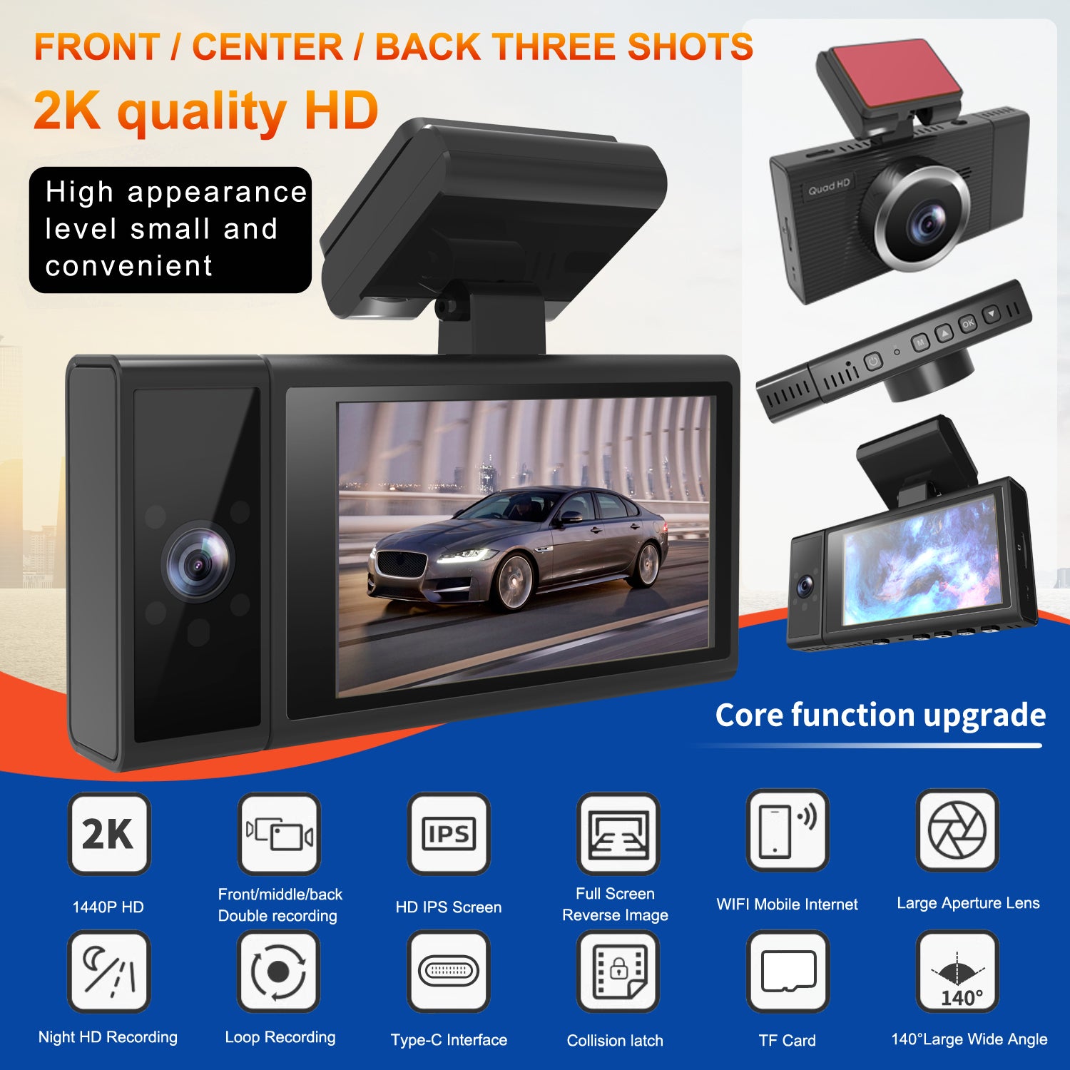 X12 Magnetic Mount Car Dash Camera 1080P+720P+720P 3-Shots Car Recorder