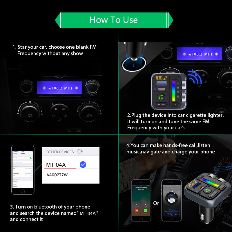 MT04 Car Bluetooth Adapter FM Transmitter HiFi Music MP3 Player Type-C + USB Car Charger