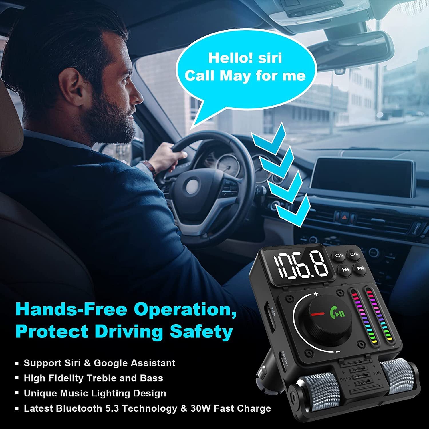 MT01 Ambient Light Car Bluetooth Adapter FM Transmitter MP3 Music Player Type-C + USB Car Charger