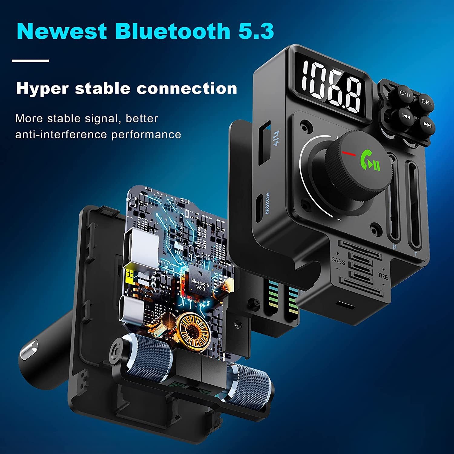 MT01 Ambient Light Car Bluetooth Adapter FM Transmitter MP3 Music Player Type-C + USB Car Charger
